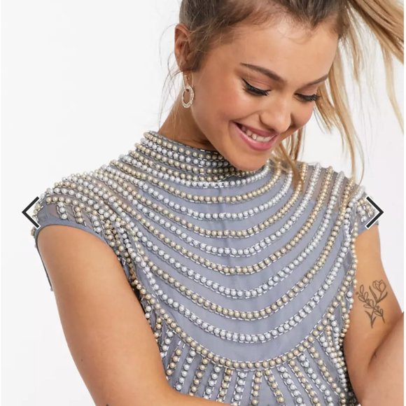 ASOS DESIGN midi linear embellished bodice dress with high neck and wrap skirt - Picture 2 of 4